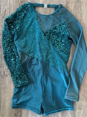 Alexandra Dance Costume Girls 12Y Teal Sequin Long Sleeve Romper Competition